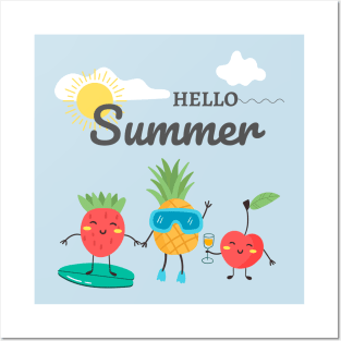Hello Summer Cool design for summertime. Strawberry, cherry, pineapple with a beach landscape Posters and Art